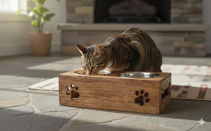 Wooden Dog Cat Pet Feeder Station Stand with 2 Stainless Steel Bowls | Raised Cat Bowl Dogs Bowl Elevated Cat Dog | Pet Dining Table for Cats and Puppy | 16 x 8.5 x 5 Inches