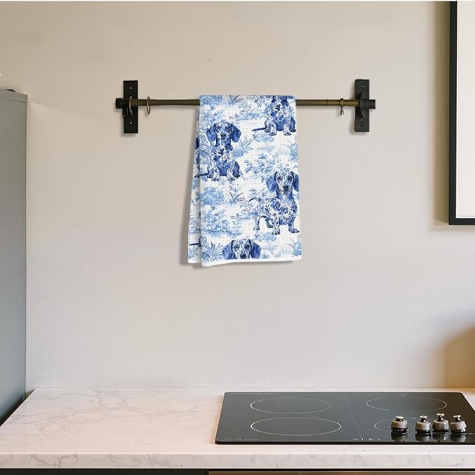 Hanamiya Na Chinoiserie Dachshund Kitchen Towels 24x14 Inch, Dachshund Gifts Reusable Dish Towels for Kitchen Decor, Blue and White Floral Waffle Weave Hand Towel, Weiner Dog Gifts for Women Mom