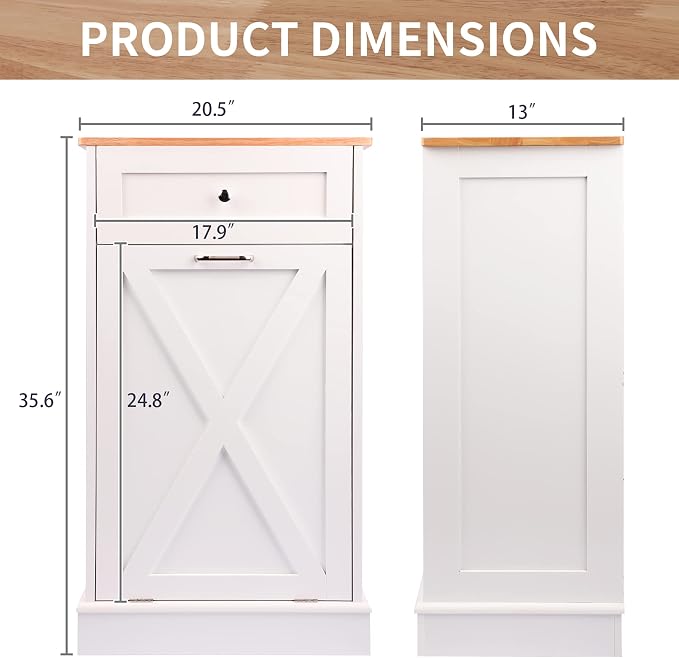 TOLEAD 10 Gallon Tilt Out Trash Can Cabinet Wooden Hidden Trash Cabinet with Solid Wood Top & Drawer, Farmhouse Kitchen Garbage Bin Enclosure Pet Proof Laundry Hamper for Kitchen, Bathroom White