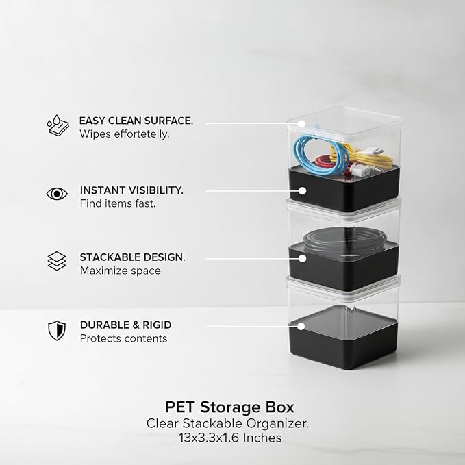 Stackable PET Storage Box, Rigid Clear Organizer for Cables & Small Items, Durable Transparent Container, 13 x 3.3 x 1.6 Inches