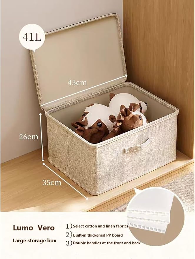 [3 Pack] Beige Cotton Linen Collapsible Storage Bins for Home Organization, Waterproof Fabric Foldable Organizer Boxes, 15.75 x 11.81 x 8.27 Inches, Zippered Flap & Handle (Medium)