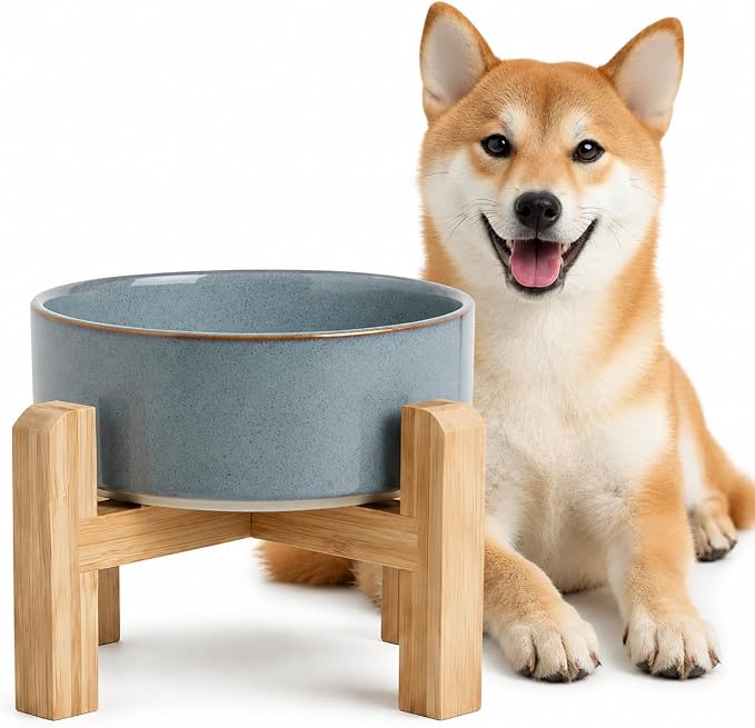hjn Elevated Ceramic Dog Bowl with Bamboo Stand, Raised Pet Feeding Station for Small Medium Dogs Cats, Modern Design with Anti-Slip Base (Gray Blue, 3.6Cup)