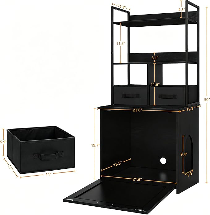 Dwanton Cat Litter Box Enclosure, 2 Storage Shelves and 2 Drawers, 50" H | 2-in-1 Hidden Cat Litter Box Enclosure Furniture with Shelf, Metal Frame, Reversible Entrance, Washable Drawers, Black