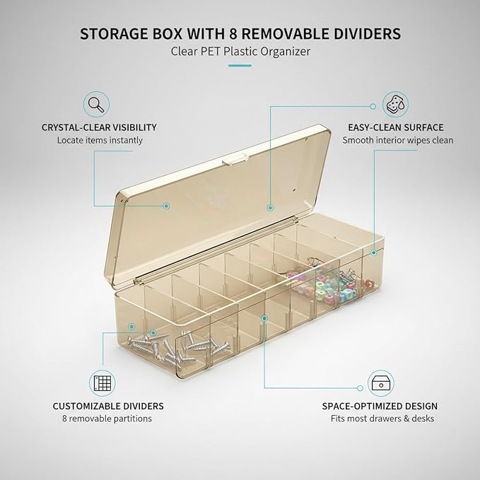 Clear Storage Box with 8 Adjustable Dividers, Compact PET Organizer for Desk Drawers, Hardware, and Craft Supplies