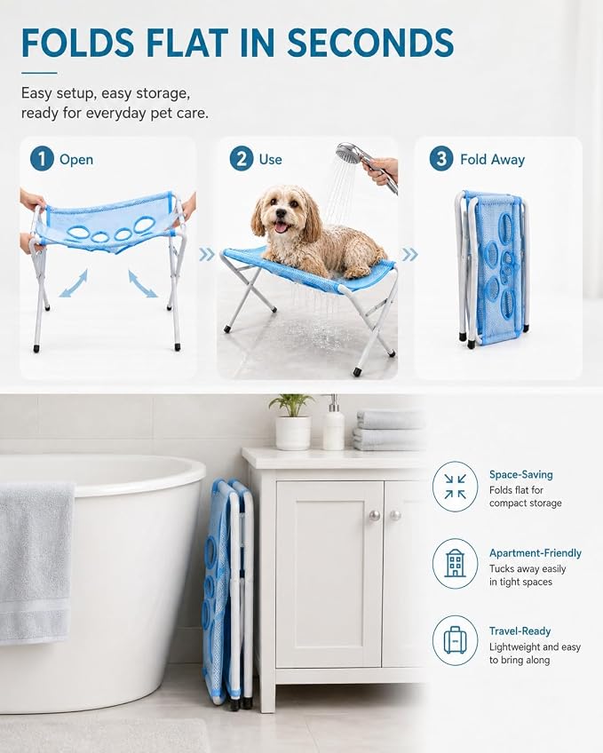 Foldable Pet Bathing Stand, Dog Grooming Hammock with Quick-Dry Mesh, 44 lb | Portable Shower Stand & Sling for Small Dogs & Cats, Steel Frame, 8-Hole Support, Hands-Free Grooming, Folds Flat, Holds 44lb
