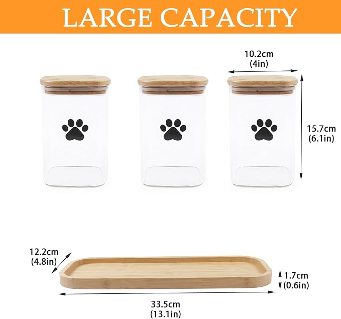 Dog Treat Container Airtight, 37oz Glass Dog Food Storage Set of 3, Pet Food Storage with Bamboo Lid, Small Pet Treat Canister,Puppy Food Bin for Kitchen Counter,Freshness Seal-Clear