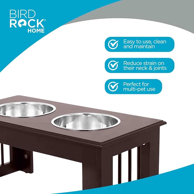 INTERNET'S BEST Traditional Elevated Pet Feeder - Raised Dog Food and Water Stand with Stainless Steel Bowls - Adjustable for Small to Medium Breeds - Pet Feeding Station - Espresso - Small