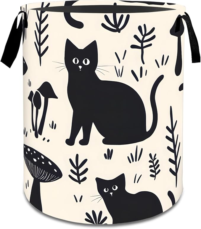 Cute Cat Laundry Basket,Dirty Clothes Hamper,Black Kitten and Mushroom Storage Bin,Pet Lovers Gifts,Foldable Waterproof Oxford Cloth Baskets for Bathroom,Bedroom,Home Decoration(19.7" x 15.7")