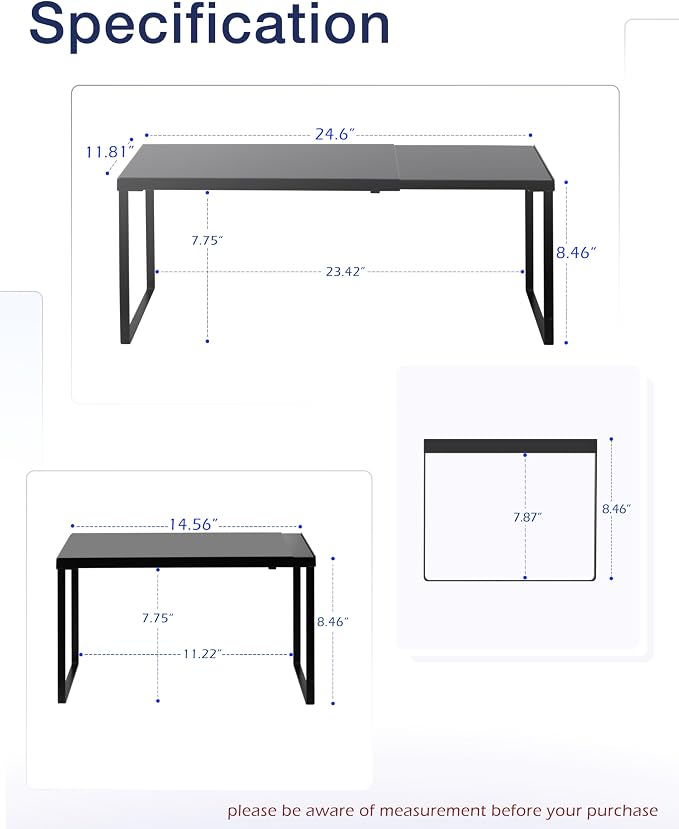 Nxconsu Expandable Cabinet Shelf, Shelf Riser for Cabinets, 11.8" Black | Edgeless Metal Cabinet Riser Holds 50 lb and Expands 14.6 to 24.6 in for Under Sink Kitchen Pantry Cupboard Shelf