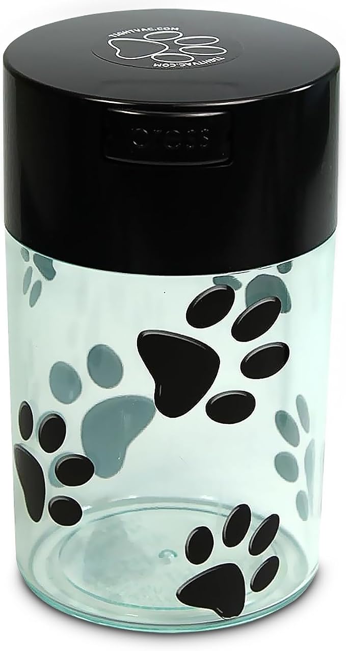 Pawvac 1 to 6 Ounces Container, Airtight Pet Food and Treats Storage Jar - Patented Vacuum Seal Container for Pet Food, Treats and other Dry Goods - Clear with Paws