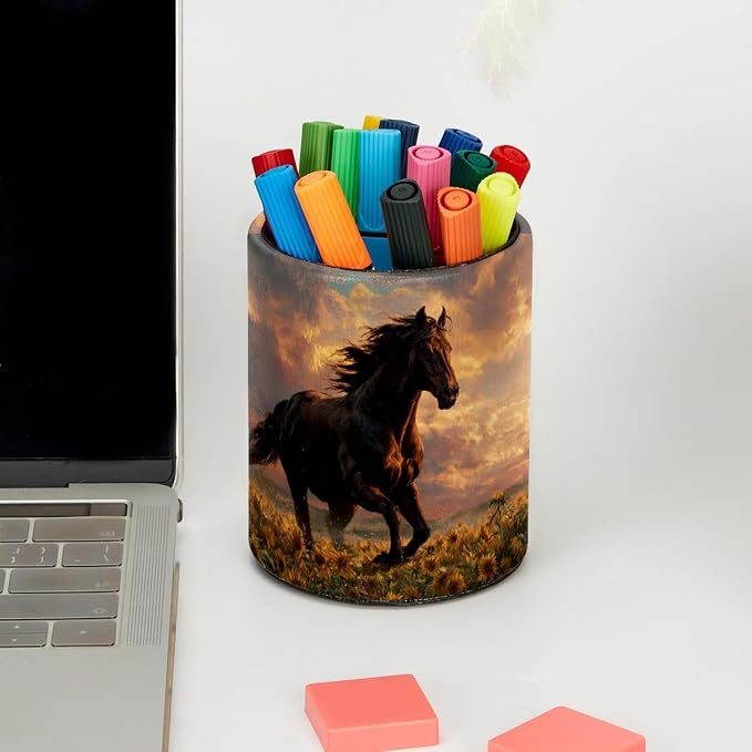 Faux Leather Pen Holder for Desk, Pencil Organizer Horse and Sunflowers Pen Cup Desk Decor Makeup Brush Holder Storage for Office Home