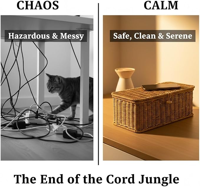 Handwoven Rattan Cable Management Box - Decorative Cord Organizer with Safety Lock, Large Boho Style Wire Hider for Desk, TV & Floor, Heat-Ventilated Power Strip Cover for Pet Proofing (#C, S)