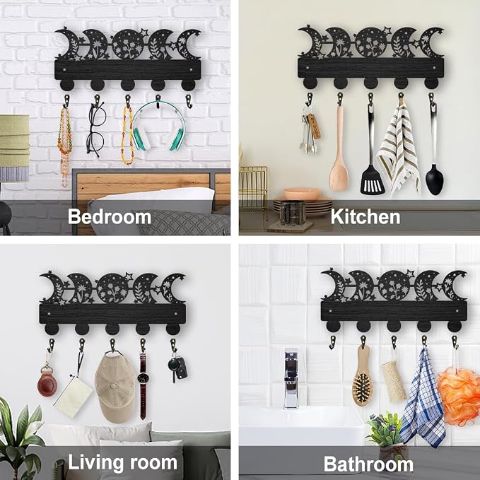 MAYJOYDIY Moon Phase Star Coat Rack Wall Mount Wooden Floral Moon Key Holder for Wall 11.8×5.5inch 5 Alloy Hooks Dreamy Wall Art Decor Black Key Rack Organizer for Gift Entryway Hallway Kitchen Room