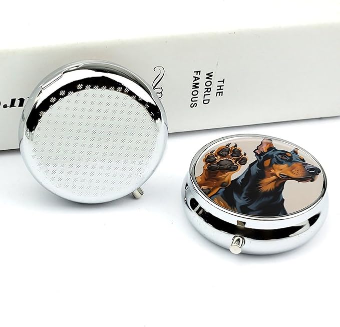 Doberman Paw Art Dog Metal Pill Organizer with Mirror, 3-Compartment Travel Pill Box, 2-Inch Round Pocket Medicine Case with Secure Latch, Portable Vitamin Holder for Women & Men