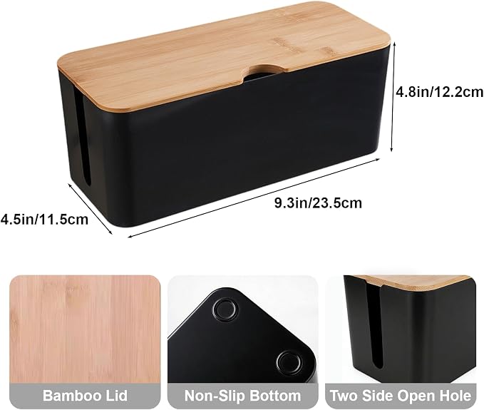 Cable Management Box Wire Organizer for Power Strip Hiding | Bamboo Lid,Large Dual-side Opening Design,Kid & Pet Friendly,for Office,Desks, TV Areas,Floor Corners,Black