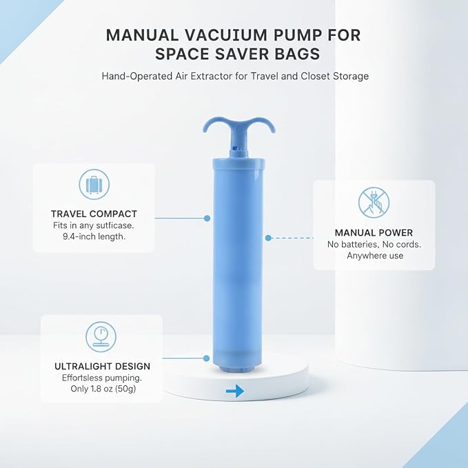 Hand Pump for Vacuum Storage Bags, Portable Air Extractor for Travel & Closet Organization, Durable PET Plastic Manual Compressor (Blue)