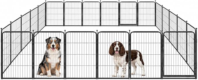 Dog Play Pen for Indoor Use - 32'', 24 Panels for Small and Medium Size Dogs - Metal Heavy Duty Pet Fence with Anti-Slip Feet - Portable Black Playpen Kennel for House or Garage