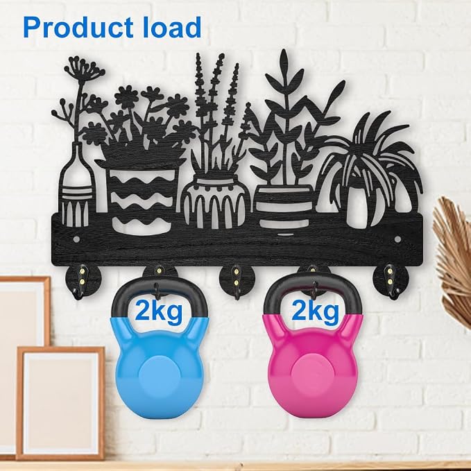 MAYJOYDIY Potted Plant Coat Hooks Wall Mount Wood Flower Pot Key Holder 11.87.9inch 5 Alloy Hooks Black Key Rack Organizer for Gift Wall Art Decor Florists Entryway Hallway Kitchen Room