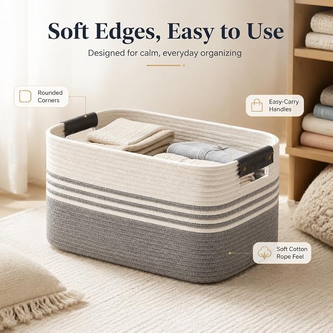 Cotton Rope Laundry Basket Medium, 15.4GAL Collapsible Woven Storage Baskets for Living Room Kids Toys Stuffed Animal,Boho Rectangular Decorative Short Hamper for Dirty Clothes, Blankets White Grey