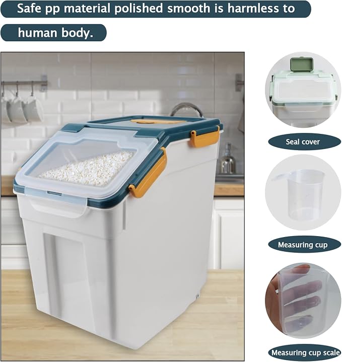 2 Pack 25lbs Rice Storage Container with Wheels, Flour and Sugar Container | Food grade plastic kitchen storage bins hold rice, flour and dry grains, measuring scoop & cup for convenient portion control