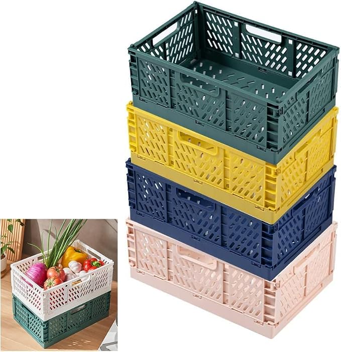 Plastic Collapsible Crate Folding Storage Basket with Handle for Shelves Home Kitchen Classroom and Office Vanity Bathroom Organization Drawer Clapboard Partition (Large Multicolor-4pack)