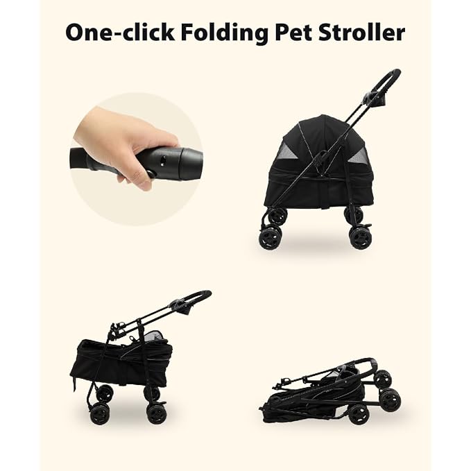 One-Click Foldable Pet Stroller, Lightweight Fixed Carrier Cart for Small Medium Dogs Cats, Portable Travel Small Dog Stroller Up to 40 lbs,Large Cat Stroller, Black ﻿