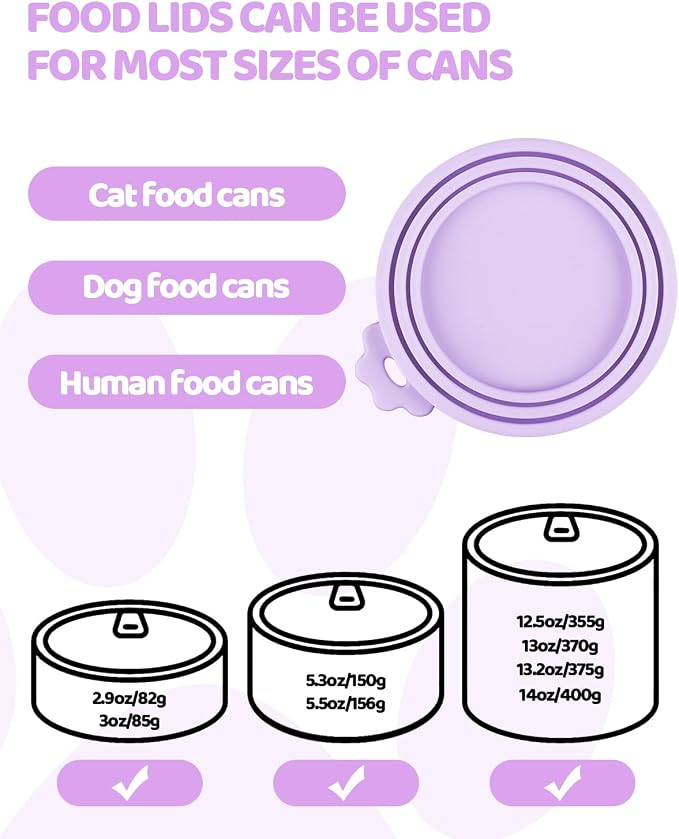5 PCS Cat Food Can Covers Lids Set, Silicone Pet Food Can Lids with Multi-Function Cat Food Spoon and Opener, Cat Bar Squeezer, Stainless Steel Wet Food Spoon for Cats and Dogs (Purple)
