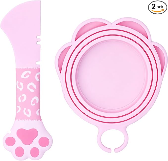 Meow&Woof Cat Food Can Lids and Spoon, Silicone Pet Food Can Covers for 3 oz, 5.5 oz, 12 oz & 13 oz Cans, Reusable Wet Food Storage Lid with Scraper Spoon for Cats and Dogs, Pink