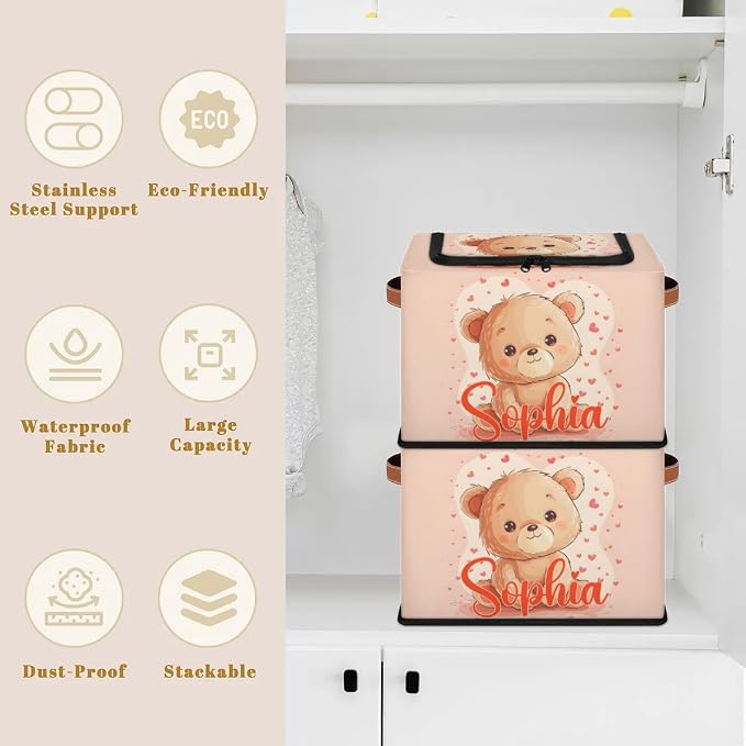 Custom Cute Bear Storage-Bin With Zipper Lid for Kids-Girls-Boys-Baby-Pet,Personalized Name Foldable Storage Box with Handle,Baby Basket With Label for Bedroom Nursery Toy Clothes,Pink