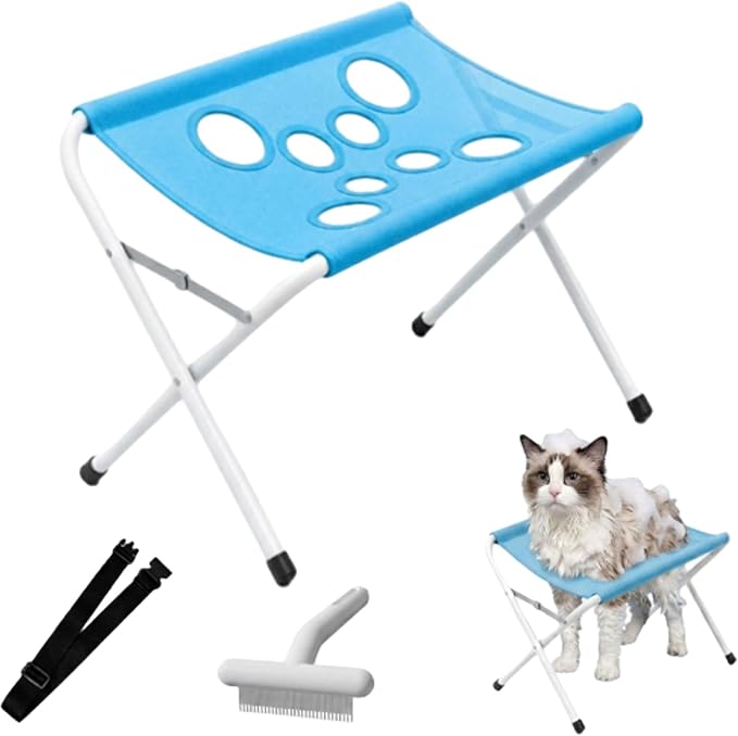 2-in-1 Foldable Pet Grooming Bed, Foldable Pet Grooming Hammock，Blue | Dog Grooming Hammock Stand, Pet Bathing Stand with Breathable Mesh & Strap for Nail Trimming, Bathing, Haircuts