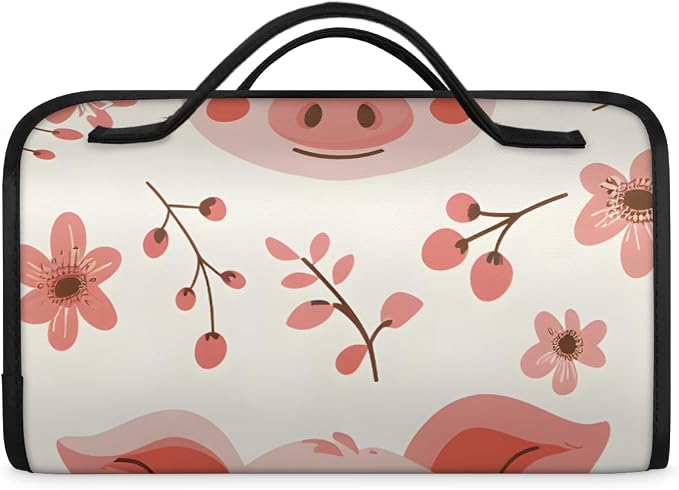 Cute Pig Faces Makeup Bag for Women Hanging Roll-Up Travel Organizer Toiletry Kit with 4 Removable Compartments, Pink Pig