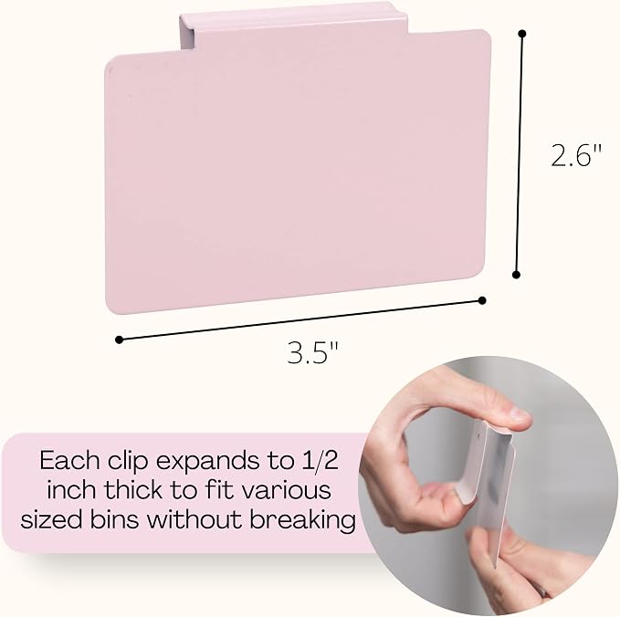 Hygge & Sage: Metal Non-Slip Basket Labels Clip On for Storage Bins, or Wire Racks | Includes 8 Labels, 8 Non-Slip Pads and 2 Free Markers (Pink)