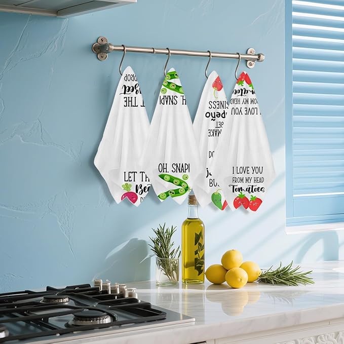4 Pcs Funny Vegetable Kitchen Towels 24x14 Inch, Chili Carrot Pepper Tomato Decor Microfiber Reusable Tea Towels for Kitchen Farmhouse, Durable Waffle Dish Drying Towel, Plant Gifts for Women Mom