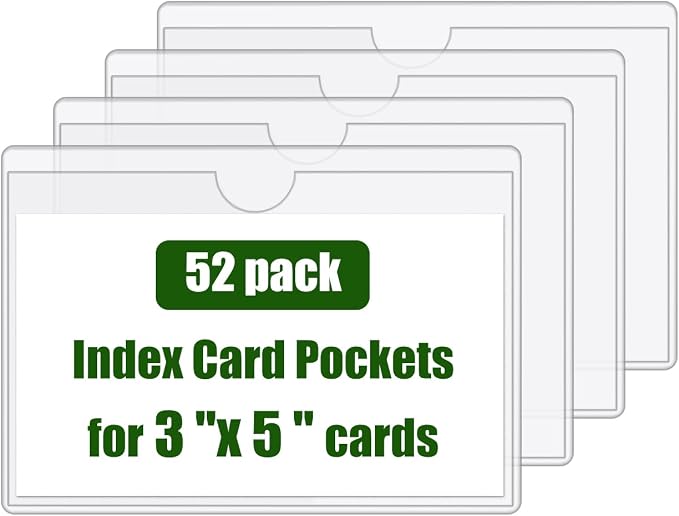 52 Pack Label Pockets for Storage Bins, 3x5 Sticky Index Card Holder | Goefun Clear Adhesive Pockets 3'' x 5'', Plastic Labels for Tote Library, Classroom Box Organization