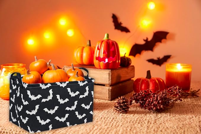 Essme Rectangular Bat Basket,Kids Storage Bins Organizer with Handles for Halloween Room Decor, Gift Basket,Shelf Basket.(Black bat)
