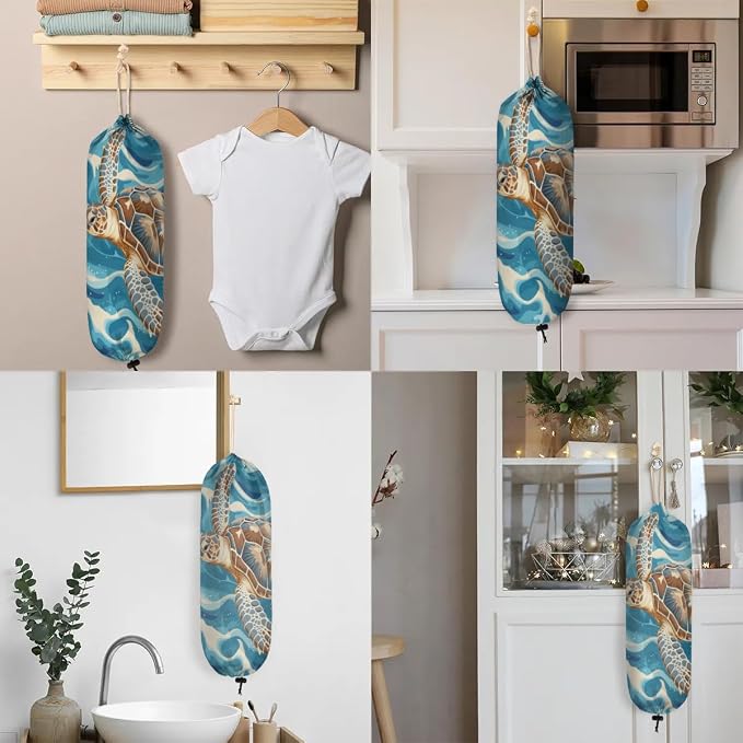 Animal Sea Turtle Blue Plastic Bag Holder Washable Grocery Bag Storage Dispenser Reusable Hanging Shopping Bags Carrier Wall Mount Plastic Bag Organizer for Home Kitchen Decor