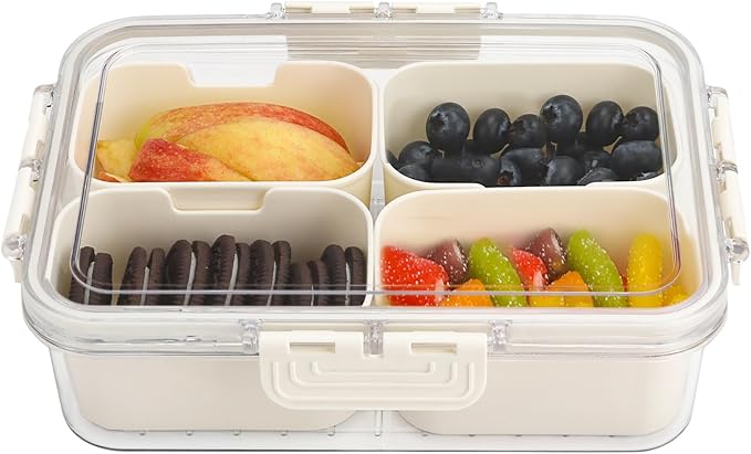 4 Compartment Snackle Box Container with Lid, Mini Divided Serving Tray | Portable Snack Platter Fruit Veggie Trays Snackele Box Containers for Charcuterie, Party, Snack, Nuts, Beach, Travel, Picnic
