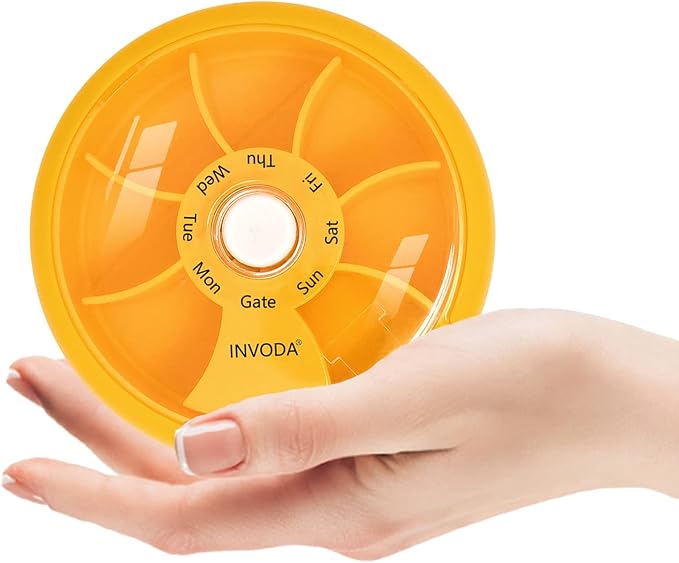 INVODA Weekly Pill Organizer 7 Compartment Rotating Pill Box for Daily | Cute Round Pill Organizer Fit purse pocket or backpack Portable Travel Pill Case for Fish Oil Supplements Vitamins Medication