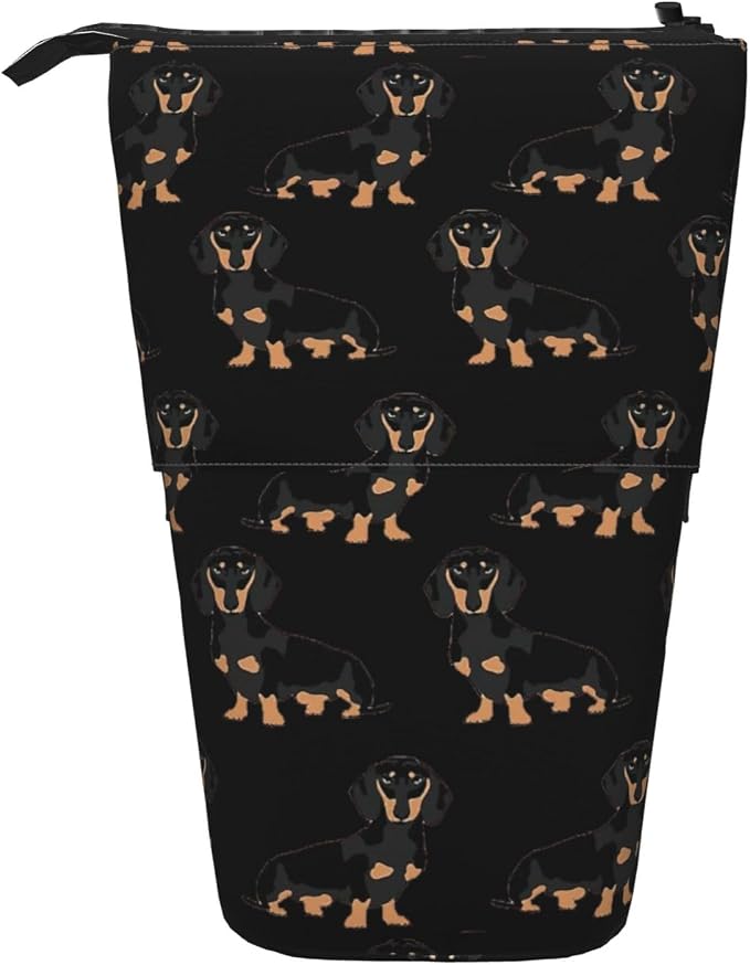 Dachshund Weiner Pet Dogs Print Pencil Case Bag, Telescopic Pen Holder, Standing Stationery Pouch, Cute Organizer for Office, Makeup, Cosmetics