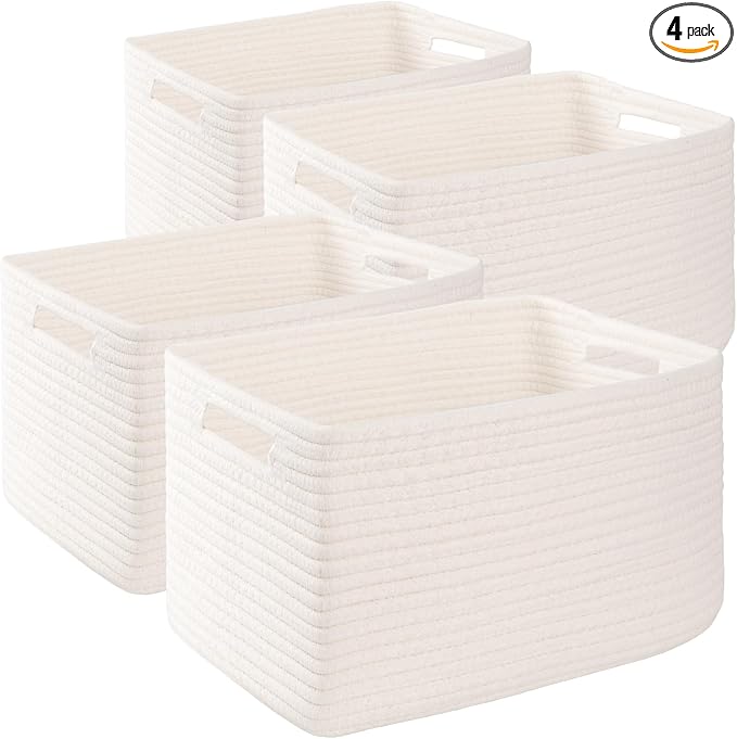 4 Pack Storage Baskets for Organizing, Woven Baskets for Shelves - Perfect for Toys, Books, Towels, and Clothes, Durable Gift Basket Bins Toy Storage, 15.7''Lx11.8''Wx7.8''H, White