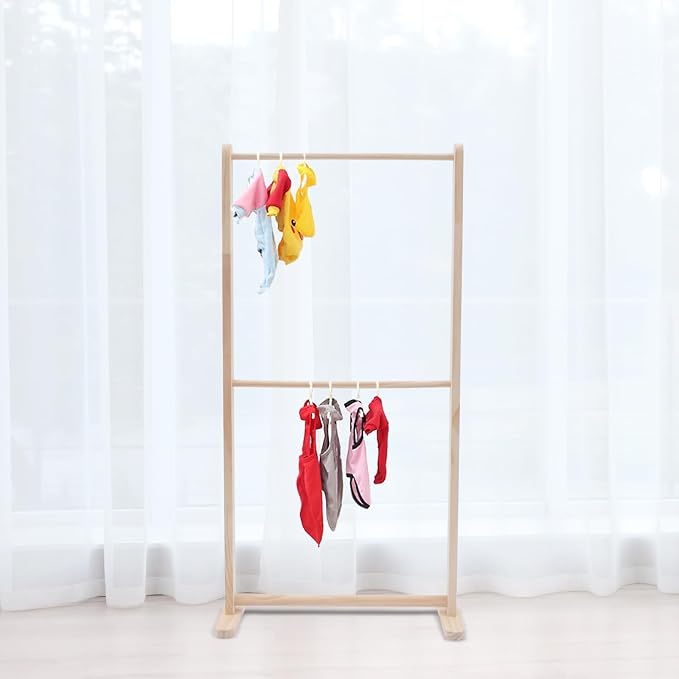 2 Tier Children Pets' Clothes Rack, Kids Clothing Rack, Small Clothes Rack Kids Dress Up Storage, Wooden Garment Display Hanging Rack, Pet Cloth Organizer