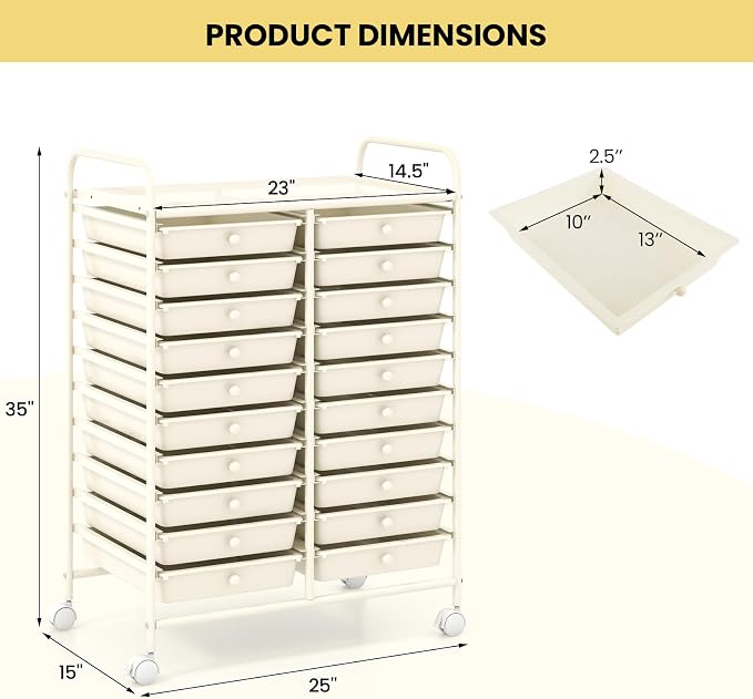 20 Drawer Rolling Storage Cart, Art Cart Organizer with Wheels for Makeup, Tool, Paper, Multipurpose Craft Storage Cart with Drawers for Office, Home, Classroom, School (White)
