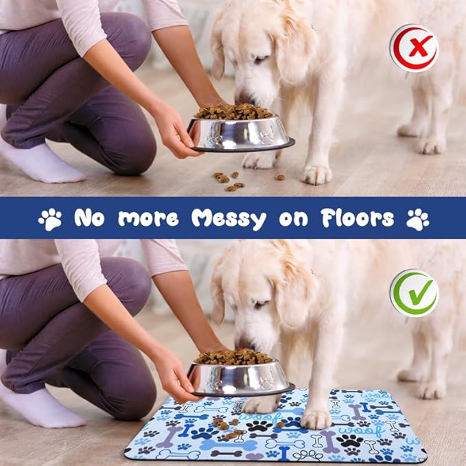 Dog Food Mats for Floors Waterproof, Pet Water Bowl Mats Pet Feeding Absorbent Placemats Blue 16 * 24 inch