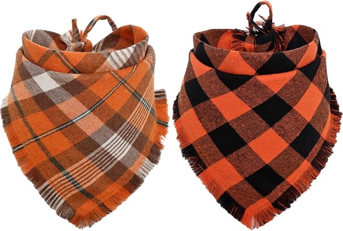 Fall Dog Bandana Autumn Thanksgiving Plaid Reversible Triangle Bibs Scarf