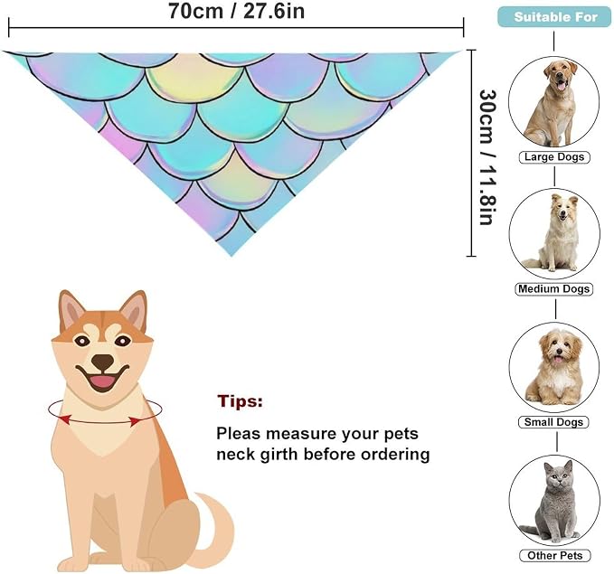 Portable Lightweight Triangle Pet Scarf Beautiful Mermaid Fish Scale Fit Small, Medium, Large Dogs and Cats Wedding, Beach Party, Family Party Wear