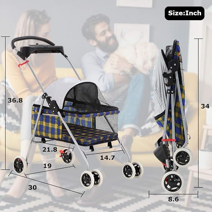 HGS Pet Cat Dog Stroller 4 Wheels Jogger Puppy Travel Carrier Portable Doggie Cage Strolling Cart with Cup Holders, 35Lbs Capacity Folding Waterproof for Medium Dogs Cats Pet, Yellow Plaid