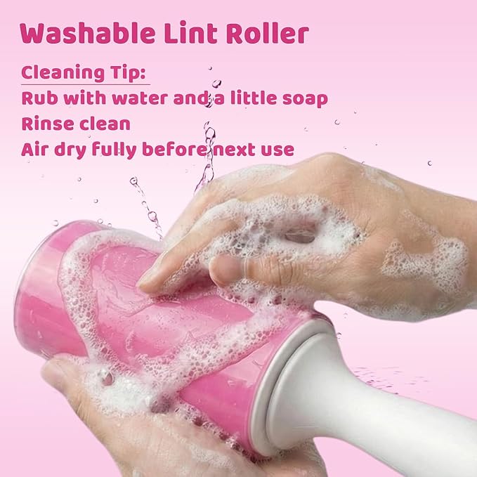 Washable Gel Lint Roller 3 Pack, Reusable Sticky Lint Roller Portable Pet Hair Remover Cleaner for Clothes, Travel, Home, Large with Cover and Foldable Mini Remover, Pink