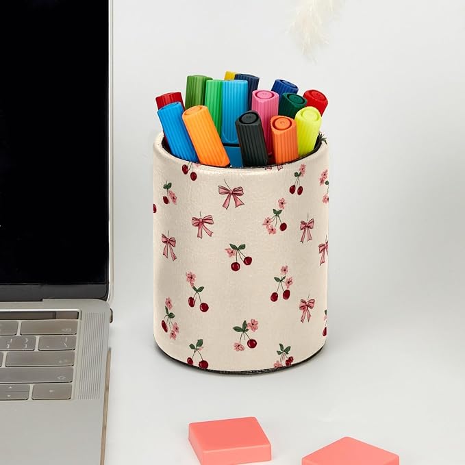 Bows and Cherries Pen Holder, Pencil Cup Marker Brush Holder Desk Storage Case, Desktop Organizer for School Office Home Supplies