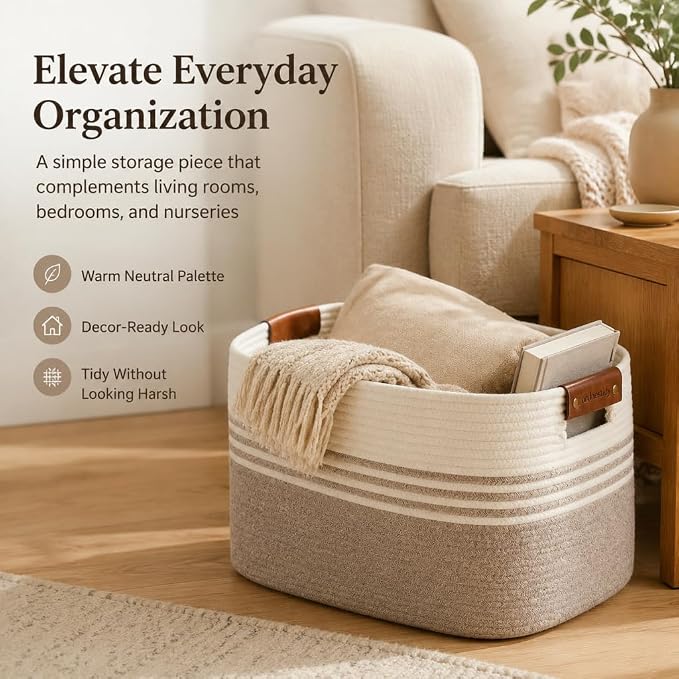 Cotton Rope Laundry Basket Small, 12.8GAL Collapsible Woven Storage Baskets for Living Room Kids Toys Stuffed Animal,Boho Rectangular Decorative Short Hamper for Dirty Clothes, Blankets White Brown