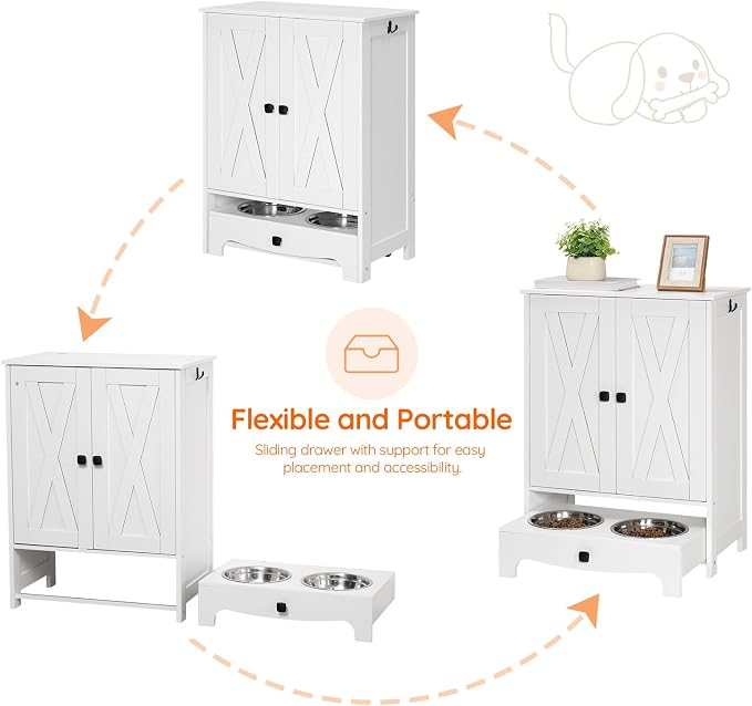 HOOBRO Dog Feeding Station with Storage and Hooks, Dog Food Storage Cabinet with Feeding Bowls, Pet Feeding Station with Sliding Drawer and 2 Hidden Bowls for Dog & Cat, White WT12PO03G1